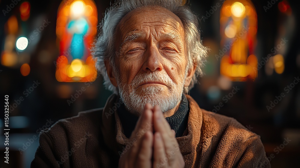 A senior man praying in a church, expressing gratitude, faith, and hope A senior man praying in a church, expressing gratitude, faith, and hope