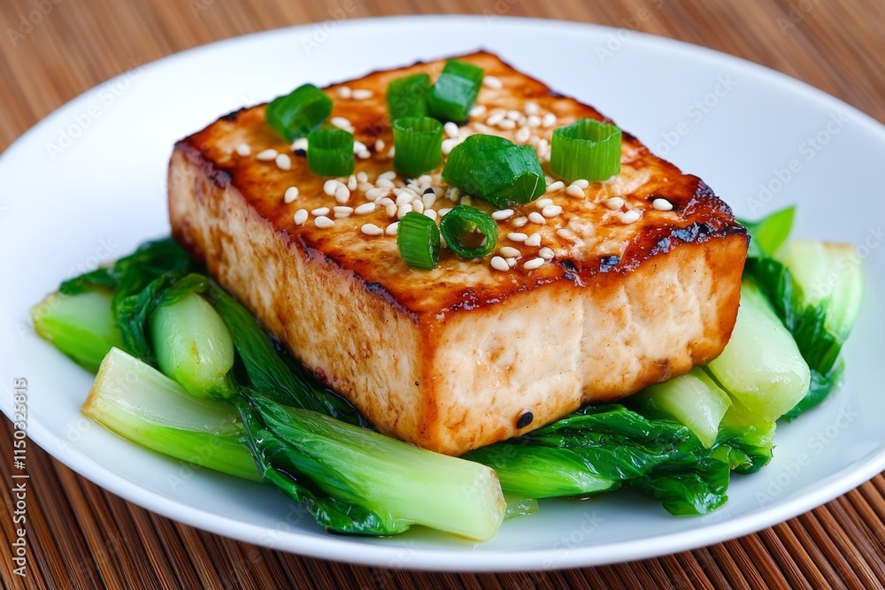 A beautifully grilled tofu steak served with sautéed bok choy and sesame seeds A beautifully grilled tofu steak served with sautéed bok choy and sesame seeds