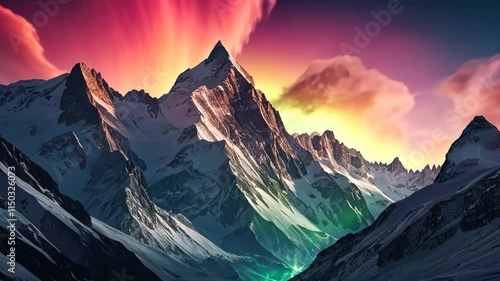 Video with Majestic peaks reaching above the clouds under a shimmering aurora.
