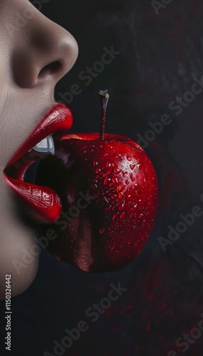 Stunning close up of a beautiful woman s mouth biting into a bright red apple on dark background