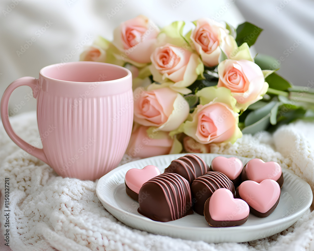 soft and romantic scene with pink roses, pink mug, and heart shaped chocolate soft and romantic scene with pink roses, pink mug, and heart shaped chocolate