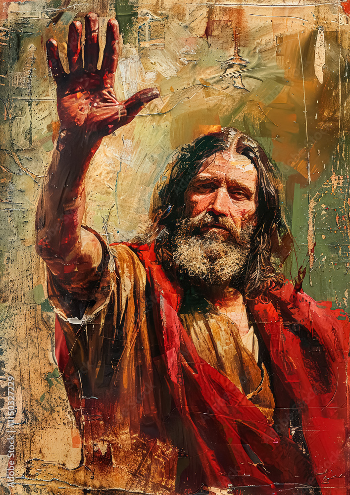 Naklejka premium Man with a beard and red robe is depicted in a painting, holding his hand up. The painting conveys a sense of reverence and respect, as if the man is offering a greeting or blessing