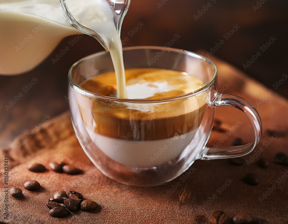 Generated image Closeup process of making latte, cappuccino, pouring milk, cream into transparent glass cu Generated image Closeup process of making latte, cappuccino, pouring milk, cream into transparent glass cu