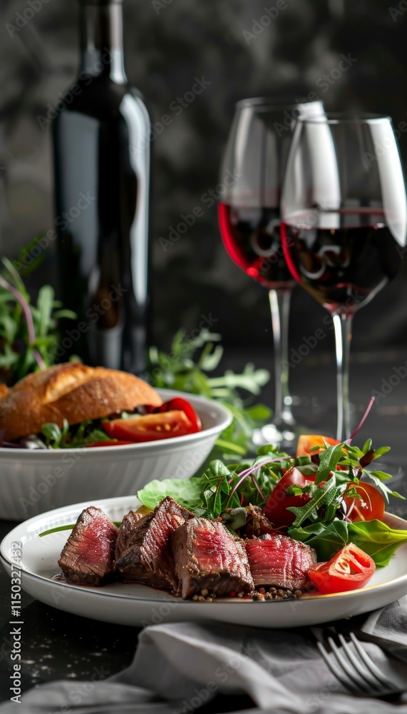 Stunning low angle view of luxurious hotel dinner featuring beef, bread, salad, and wine Stunning low angle view of luxurious hotel dinner featuring beef, bread, salad, and wine