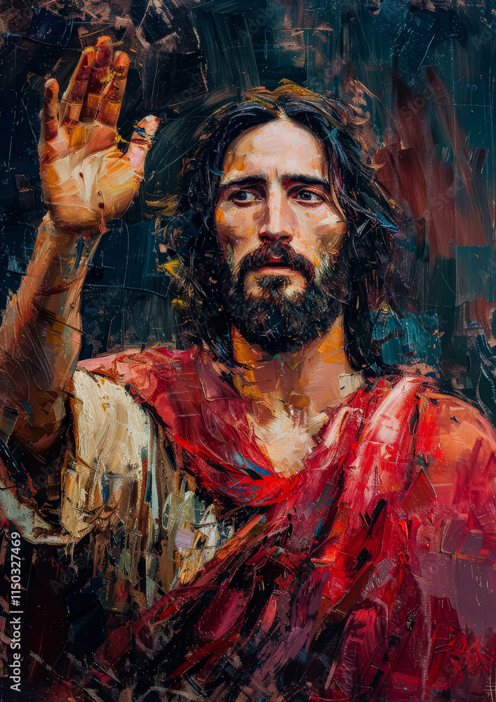 Obraz premium Painting of Jesus Christ with a cross on his head and a hand raised. The painting is in gold and red colors