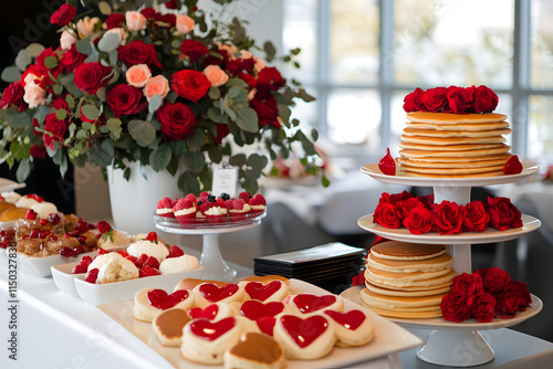 Valentine Day themed breakfast buffet with heart shaped cookies and pancakes photo