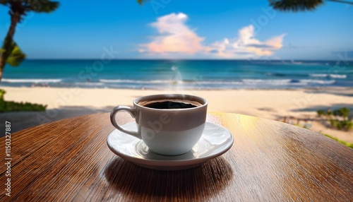 Generated image Coffee in a cup on a table by the beach