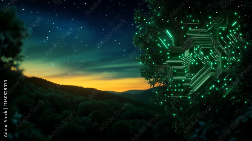 Naklejka premium Futuristic landscape with glowing circuit patterns.