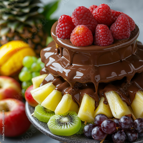 Melted chocolate fountain on a festive table with fruit skewers: pineapple, kiwi, grapes, apples, bright white background, close-up of chocolate and fruit, square frame