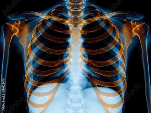 Glowing illustration of a human ribcage with heart and nerves, highlighting the anatomical details. photo