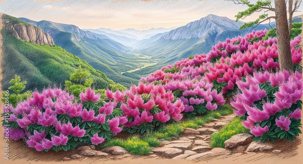 Obraz premium Azaleas growing abundantly on a mountainside overlooking a serene valley hand drawing