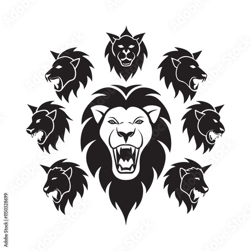 Zoom in and out animation the lion head symbol. Large black symbol in the center and four small symbols around