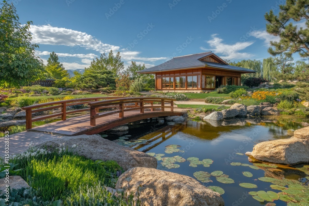 Serene Japanese Garden with Wooden Bridge and Pond Serene Japanese Garden with Wooden Bridge and Pond