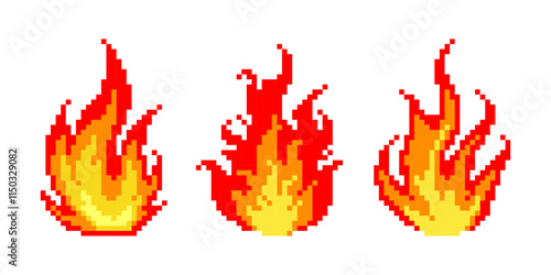 Pixel art of fire set vector. Pixelated flame illustration vector. Game icon style. 