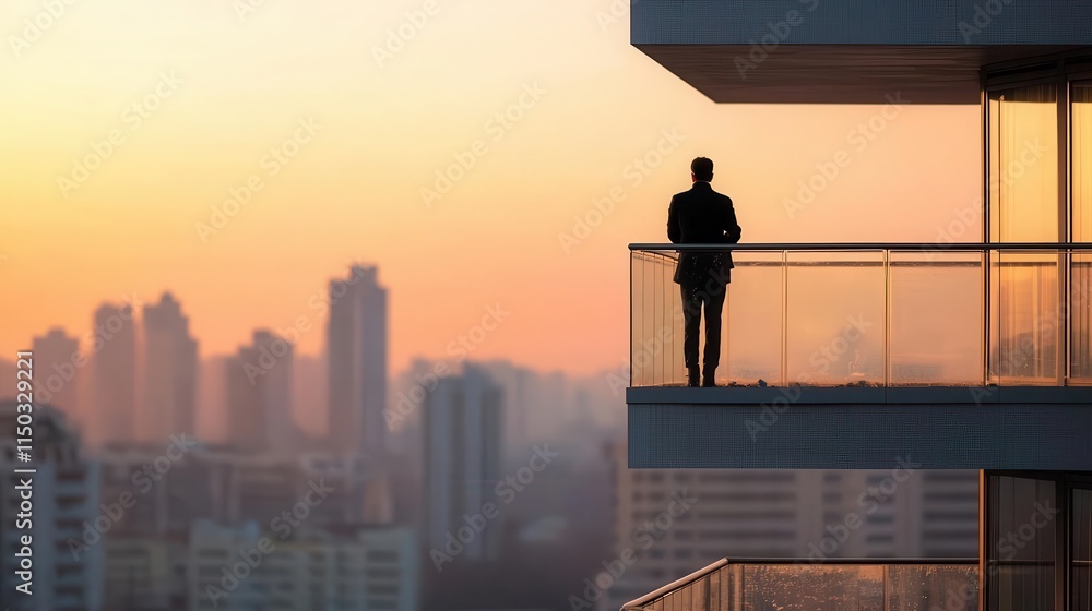 Luxury highrise under construction, resident silhouette on balcony, city expansion concept, rich golden hour Luxury highrise under construction, resident silhouette on balcony, city expansion concept, rich golden hour