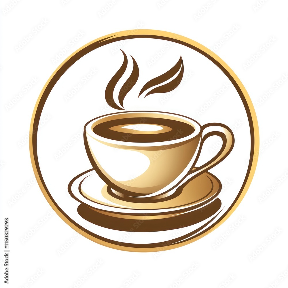 A steaming cup of coffee sits on a saucer within a golden circle A steaming cup of coffee sits on a saucer within a golden circle