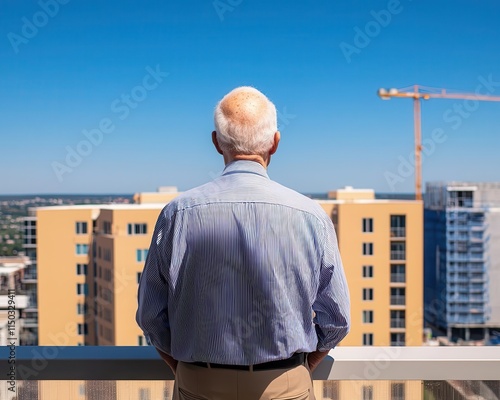 Older resident observing modern construction from balcony, symbolizing generational transition in urban areas