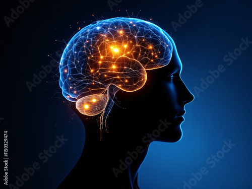 Human head with illuminated brain neural network in profile view.