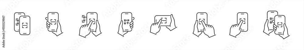 QR code scanning icons set. Hand holding Mobile phone symbol. Simple line icon style, barcode scanner for pay, web, mobile app signs. Digital barcode, website, link, quick, modern vector illustration QR code scanning icons set. Hand holding Mobile phone symbol. Simple line icon style, barcode scanner for pay, web, mobile app signs. Digital barcode, website, link, quick, modern vector illustration