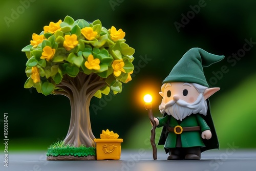 A curious gnome inspecting an ancient tree with the help of a wise elf holding a glowing staff photo