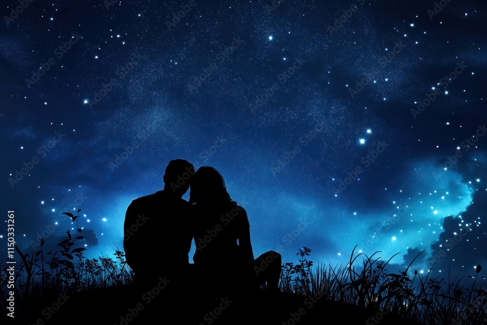 Couple stargazing under a beautiful night sky filled with twinkling stars and cosmic wonders Couple stargazing under a beautiful night sky filled with twinkling stars and cosmic wonders