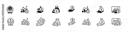 Finance icons set. Money income thin line symbol. Financial analysis data signs. Containing loan, profit, financial goal, growth, statistic, fund, pay, earning money and revenue vector illustration.