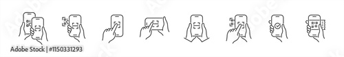 QR code scanning icons set. Hand holding Mobile phone symbol. Simple line icon style, barcode scanner for pay, web, mobile app signs. Digital barcode, website, link, quick, modern vector illustration
