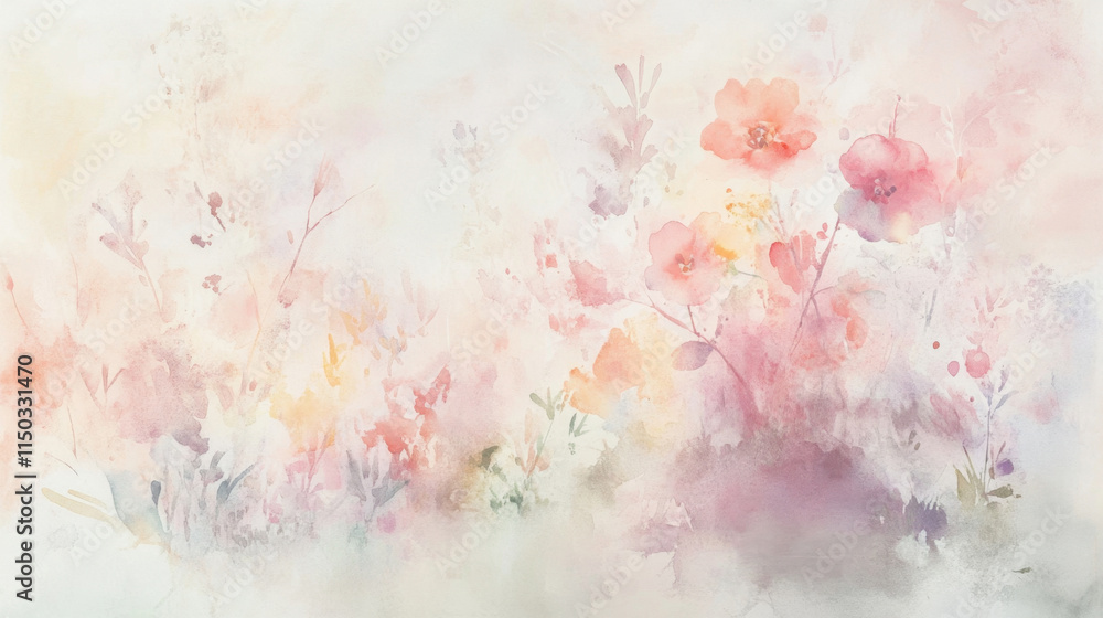 Fototapeta premium Soft watercolor florals in pastel tones, subtly scattered across a pale grayish-white background,