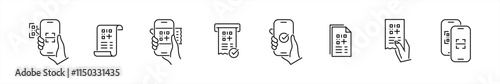 Receipt QR code icons set. Scanning code process symbol. Cashless mobile payment signs. payment, shopping, secure, money, barcode, purchase code scanning, mobile phone scanner vector illustration