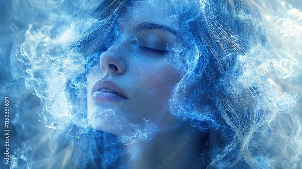 A woman is depicted in a double exposure with creative clouds, symbolizing spiritual peace, meditation, and mindfulness A woman is depicted in a double exposure with creative clouds, symbolizing spiritual peace, meditation, and mindfulness