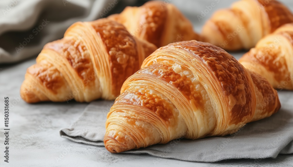 Close-Up Of Yummy Fresh Croissants On A Grey Table. Appealing And Mouthwatering Pastries Ready To Be Enjoyed. Perfect For Breakfast. Close-Up Of Yummy Fresh Croissants On A Grey Table. Appealing And Mouthwatering Pastries Ready To Be Enjoyed. Perfect For Breakfast.