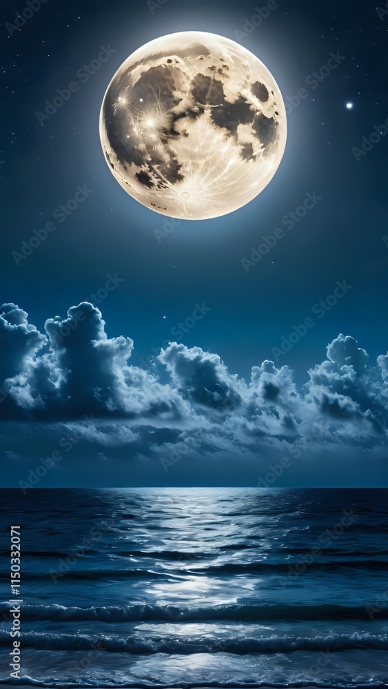 Night sky with a glowing full moon partially veiled by drifting clouds creating a mystical scene Night sky with a glowing full moon partially veiled by drifting clouds creating a mystical scene