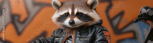 A Cute raccoon dressed in a miniature leather jacket, posing stylishly against a graffiti backdrop This adorable animal displays urban cool with its small, custom attire The graffiti background adds photo