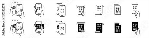 Receipt QR code icons set. Scanning code process symbol. Cashless mobile payment signs. payment, shopping, secure, money, barcode, purchase code scanning, mobile phone scanner vector illustration