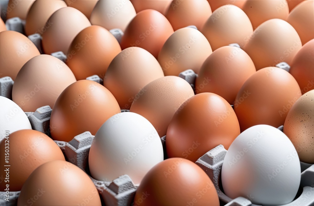 Production and storage of white and brown eggs in organizers on a white background. Concept of providing services to a person in the field of nutrition. Close-up with space for text Production and storage of white and brown eggs in organizers on a white background. Concept of providing services to a person in the field of nutrition. Close-up with space for text