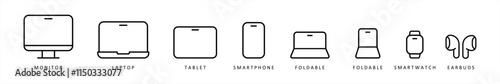 Digital devices icon set in line style.  Foldable phone symbol, digital display, desktop, computer, laptop, tablet, ear, smartphone simple black style sign for apps and website, vector illustration.