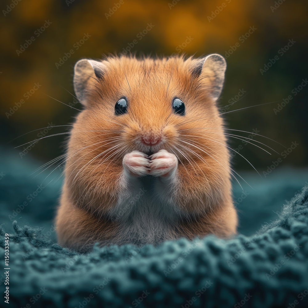 A cute hamster with a fluffy coat, sitting on a textured surface, looking curiously at the viewer.