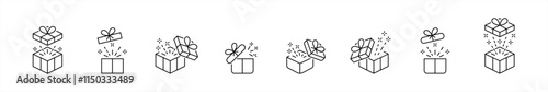 Gift box icons set. Surprising gift box symbol. Present gift box tied signs. Christmas, birthday, valentine, open, sparkle, wedding event, party, celebration, achievement success vector illustration