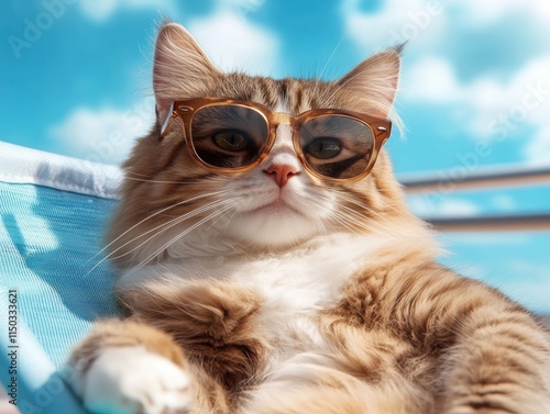 Capture the essence of summer with a trendy cat enjoying a sunny outdoor scene wearing unique sunglasses This feline is the epitome of cool, relaxing in a vibrant setting Perfect for pet lovers, the photo