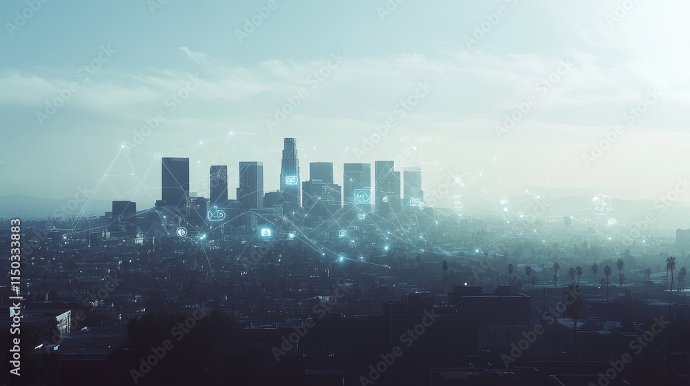 Skyline View of a Modern City With Digital Connections and a Hazy Atmosphere During Dusk Skyline View of a Modern City With Digital Connections and a Hazy Atmosphere During Dusk