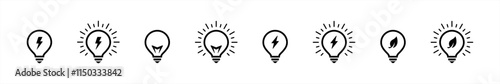 Light bulb icons set. Leaf and lightning inside symbol. Sustainable ecological energy signs. Go green, thunderbolt, lightning bolt vector illustration