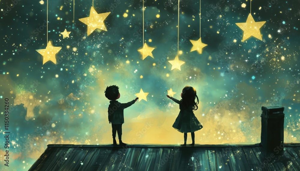 Children Create Magical Scene On Roof By Hanging Stars In The Sky, With Boy And Girl Cutting Out Stars Together. Children Create Magical Scene On Roof By Hanging Stars In The Sky, With Boy And Girl Cutting Out Stars Together.