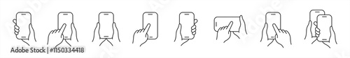Hands holding mobile phone line icons set. Smartphone held by two hands symbol. Finger touching blank screen signs. Hand holding a smartphone flat vector illustration