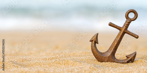 A rusty anchor rests on the sandy beach, with gentle ocean waves in the background, evoking a sense of maritime adventure and tranquility.