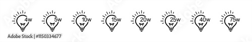 Light bulb wattage icons set. Energy power symbol. Energy efficient signs. Electric vector illustration