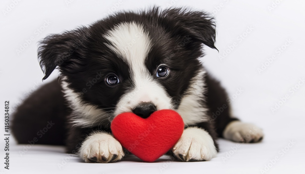 Adorable Border Collie Puppy Holding Heart On Nose Celebrating Valentine'S Day With Love And Gifts On White Background. Adorable Border Collie Puppy Holding Heart On Nose Celebrating Valentine'S Day With Love And Gifts On White Background.