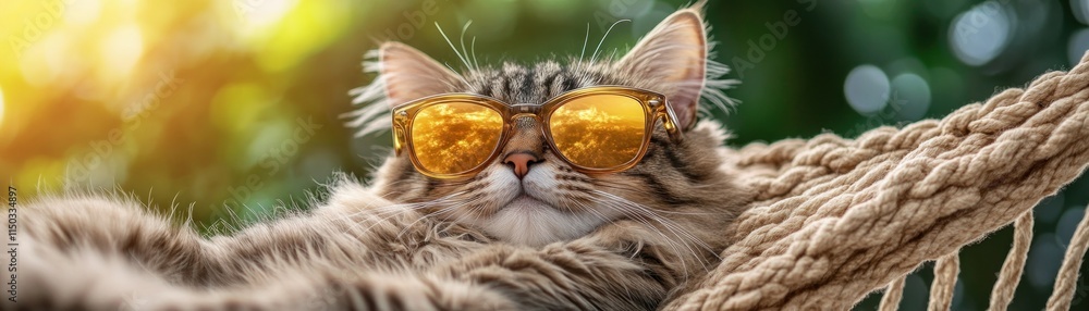 Cool cat basking in the sun A trendy cat with chic sunglasses is chilling on a hammock, it's a serene summer setting The sunlight makes the image warm and the setting inviting, perfect for summer Cool cat basking in the sun A trendy cat with chic sunglasses is chilling on a hammock, it's a serene summer setting The sunlight makes the image warm and the setting inviting, perfect for summer