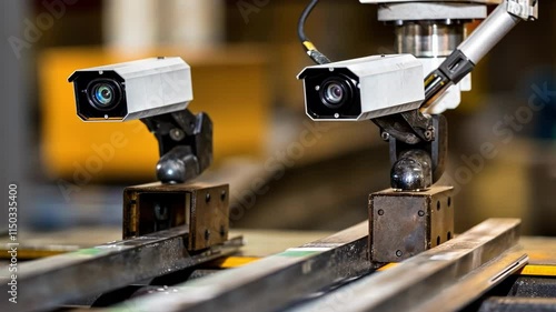 A smart welding machine in action equipped with cameras and sensors that detect misalignment in realtime and automatically adjust its settings. photo