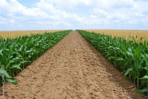 A field of GMO wheat with oversized, golden stalks, contrasting with a nearby traditional crop field photo