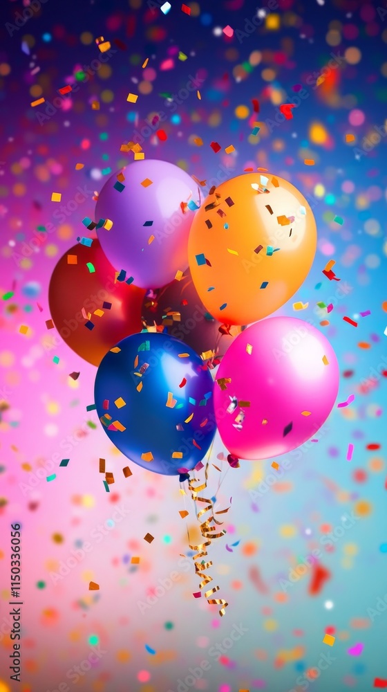 Colorful Balloons Surrounded by Confetti Create a Festive Atmosphere for a Celebration or Party Event Colorful Balloons Surrounded by Confetti Create a Festive Atmosphere for a Celebration or Party Event